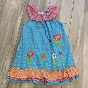 Blueberi Boulevard Colorful Gingham Ruffle Dress with Flower Appliqués, size 6X
